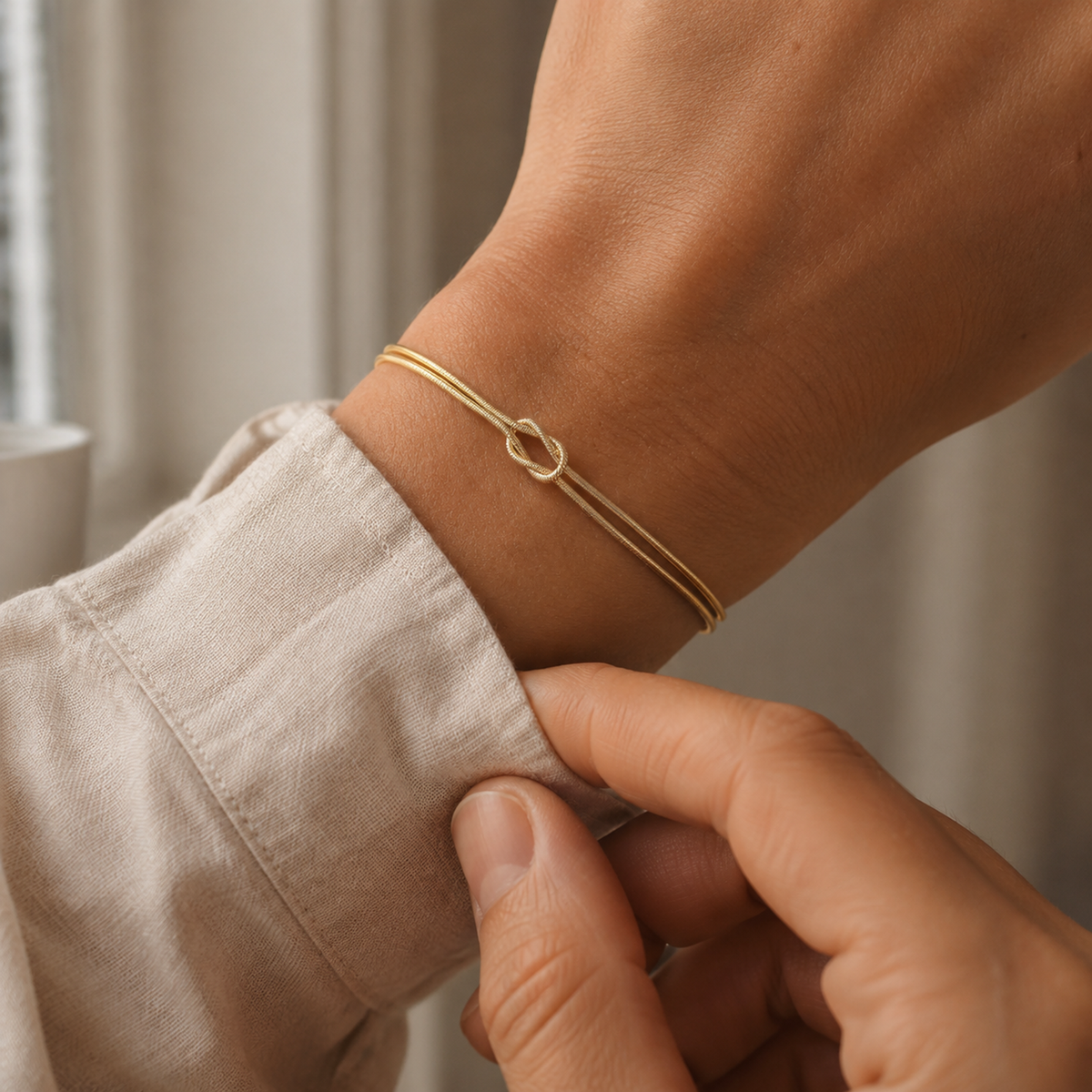 Goldfarbenes Knot Knotenarmband am Damenhandgelenk all-groups