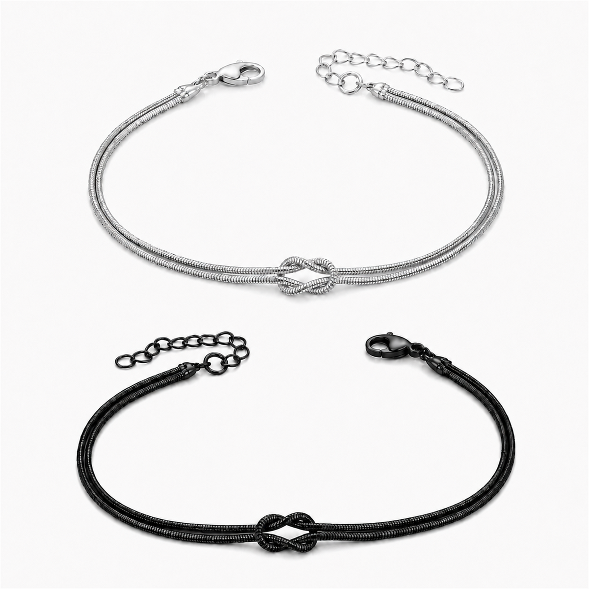 Knot Armband-Set Silber und Schwarz auf weißem Hintergrund