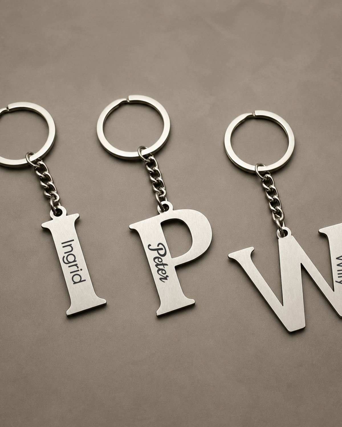 Personalisierte Initial-Schlüsselanhänger I, P und W mit den Namen Ingrid, Peter und Willy. | all-groups