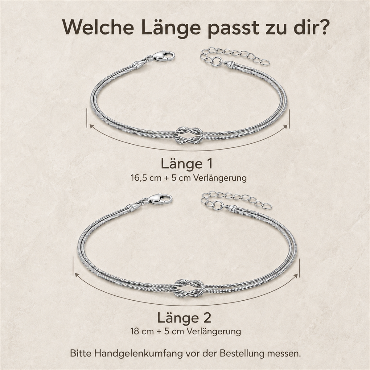 Größenvergleich des Knot Armbands in 16,5 und 18 cm all-groups