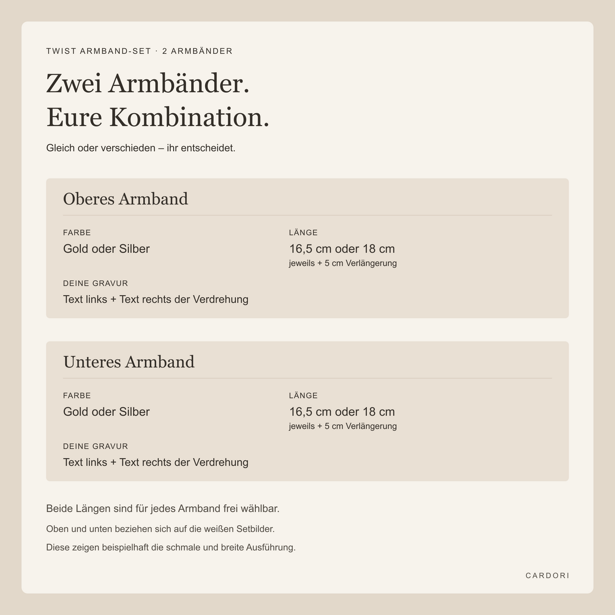 Zwei Twist Armbänder unabhängig nach Farbe, Länge und Gravur links und rechts zusammenstellen all-groups