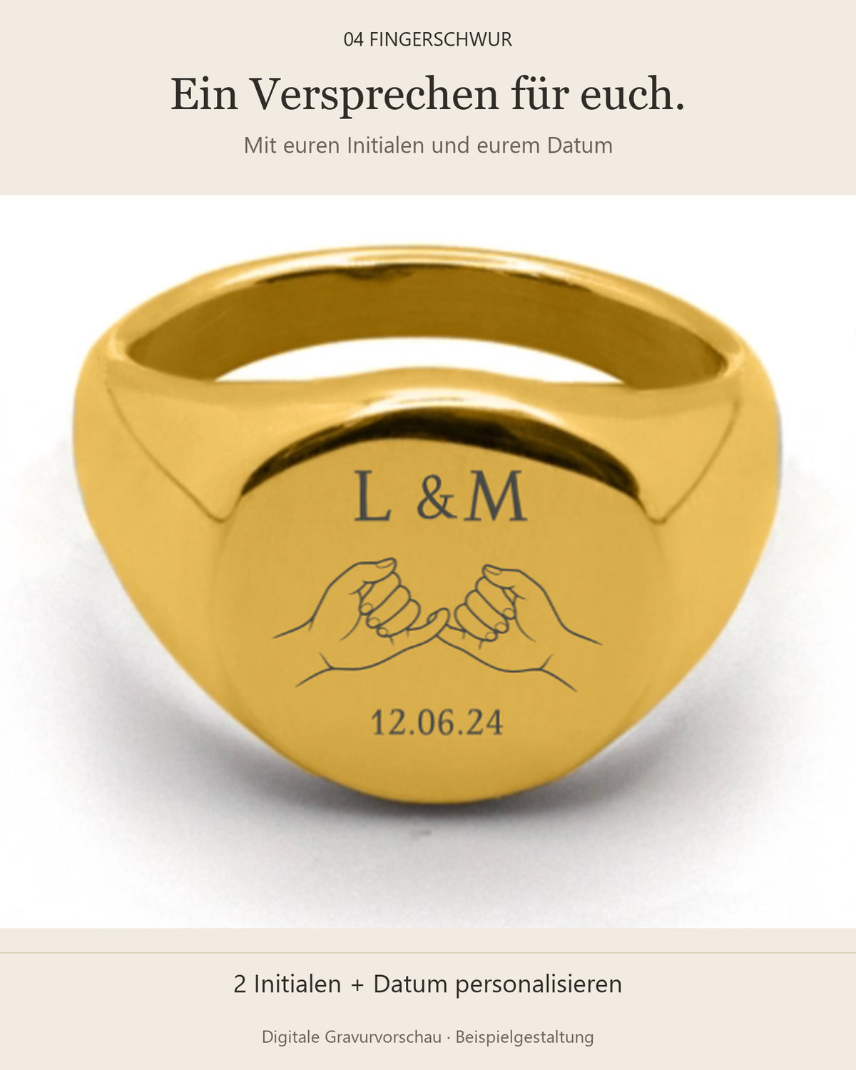 Coin Ring Gold, digitales Gravurbeispiel 04 Fingerschwur mit L und M und Datum 12.06.24