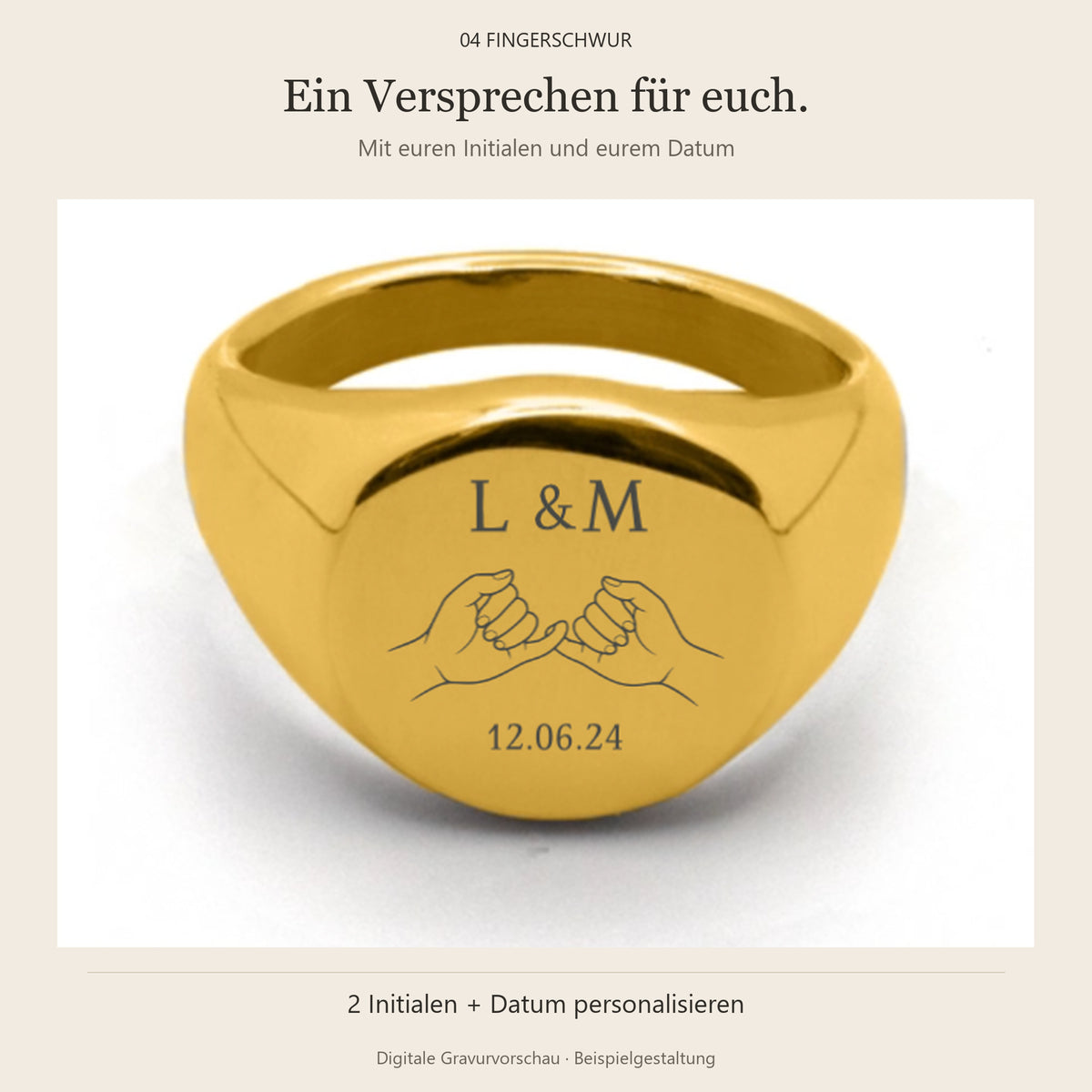Coin Ring Gold, digitales Gravurbeispiel 04 Fingerschwur mit L und M und Datum 12.06.24