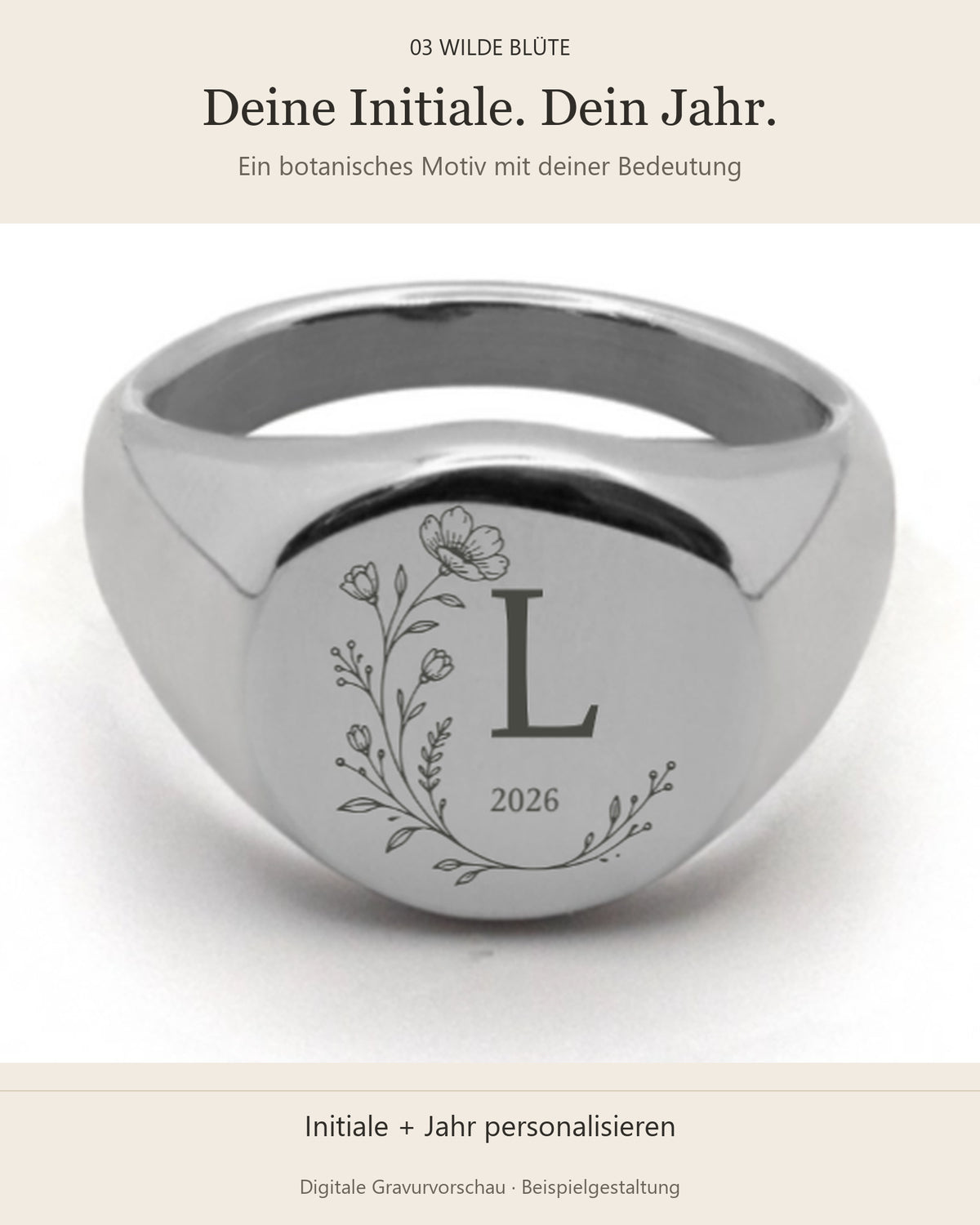 Coin Ring Silber, digitales Gravurbeispiel 03 Wilde Blüte mit Initiale L und Jahr 2026