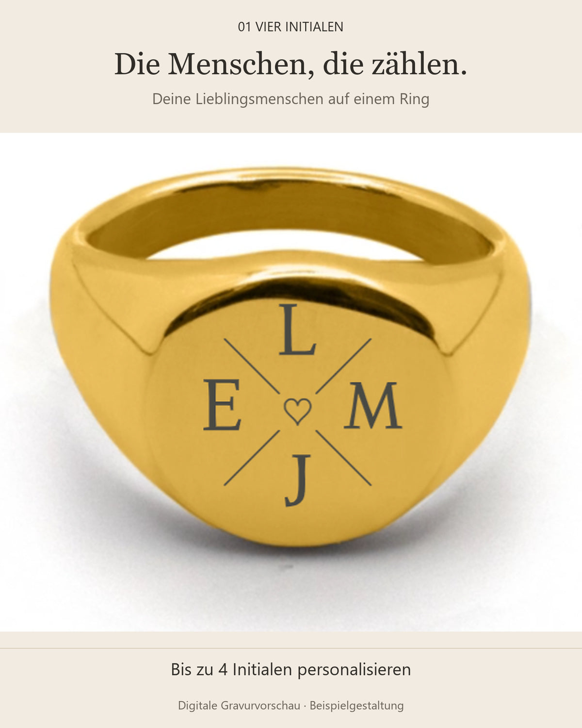 Coin Ring Gold, digitales Gravurbeispiel 01 Vier Initialen L M J E mit Herz