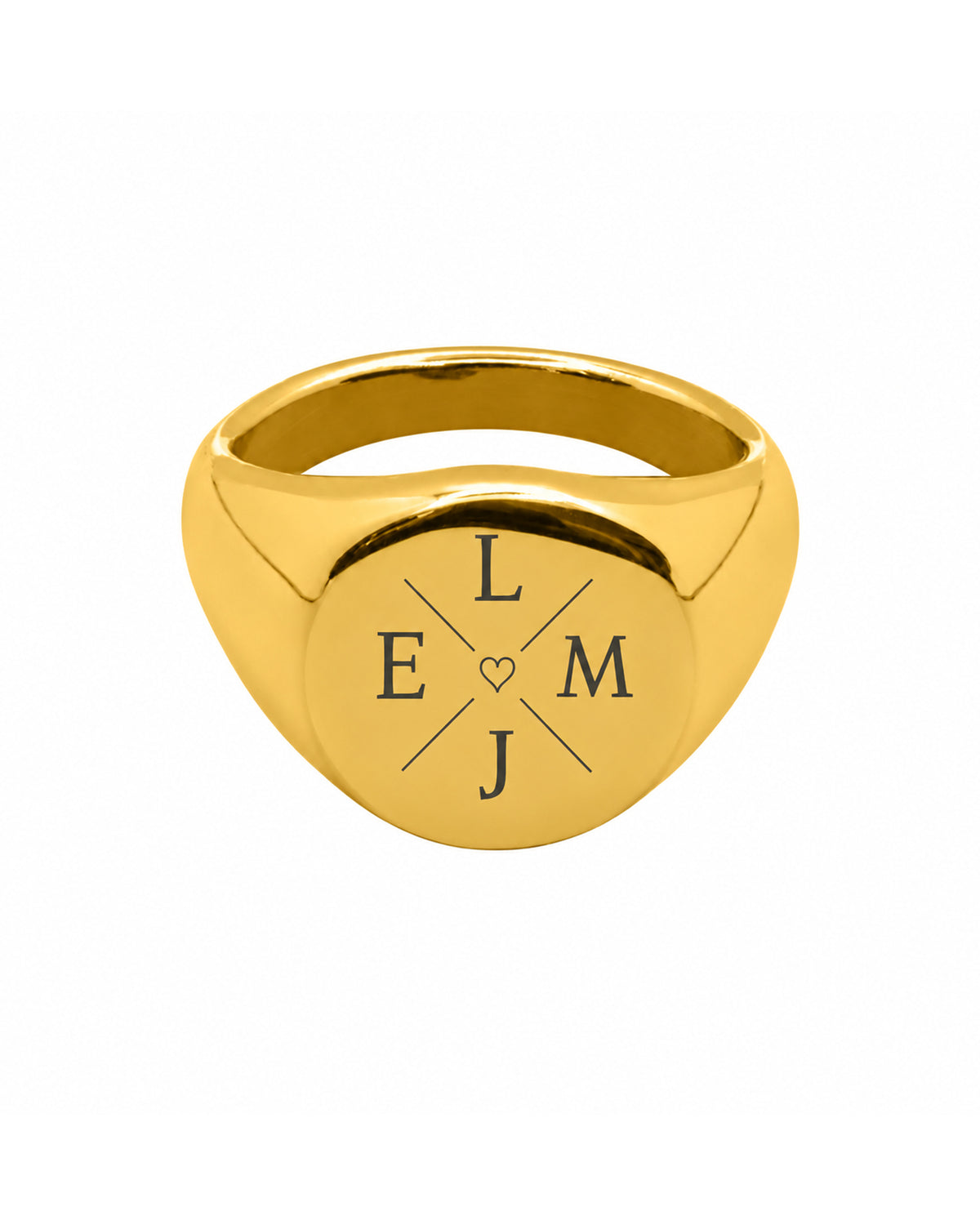 Coin Ring Gold mit digitalem Gravurbeispiel Vier Initialen und Herz, freigestellt auf Weiß ohne Bodenschatten