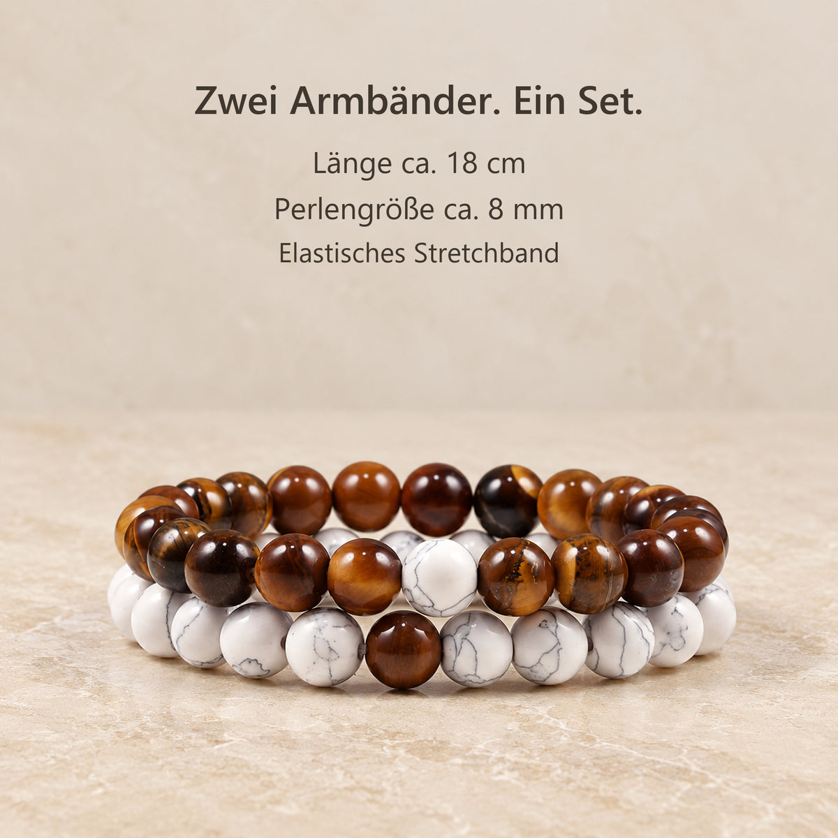 Perlenarmband-Set: Länge ca. 18 cm, Perlengröße ca. 8 mm, elastisches Stretchband