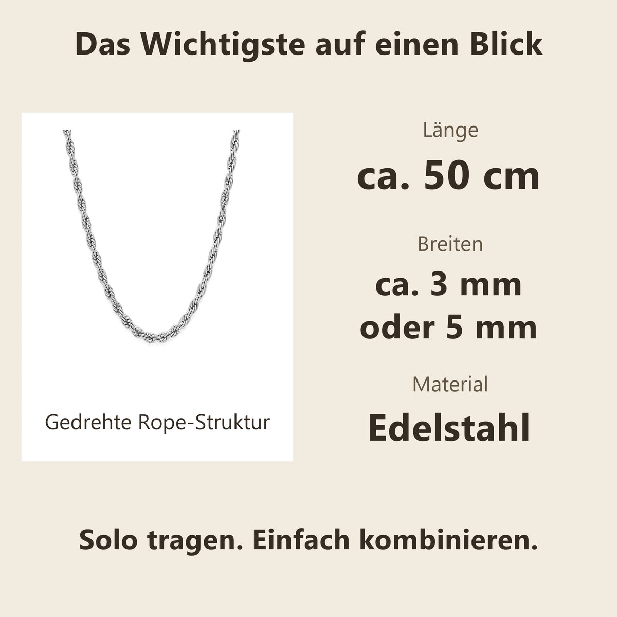 Rope Halskette aus Edelstahl: ca. 50 cm Länge, ca. 3 oder 5 mm Breite all-groups