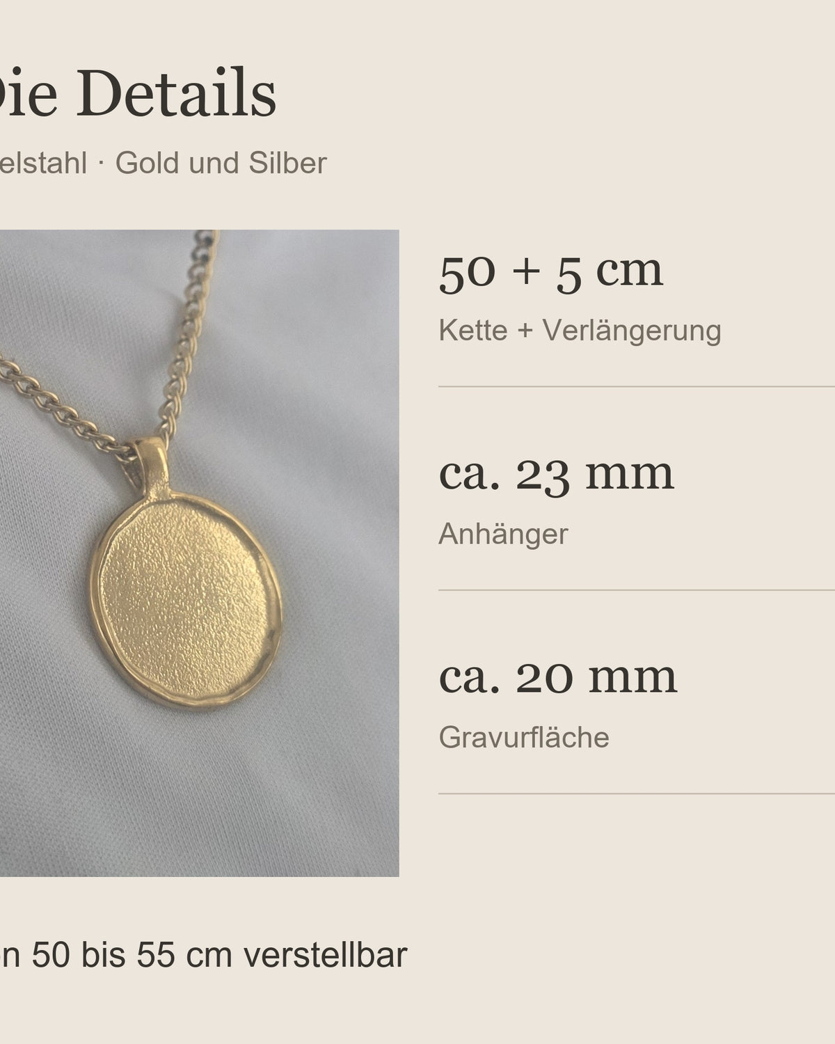 Maßübersicht der Relic Coin Halskette: 23 mm Anhänger und 50 plus 5 cm Kette aus Edelstahl. all-groups