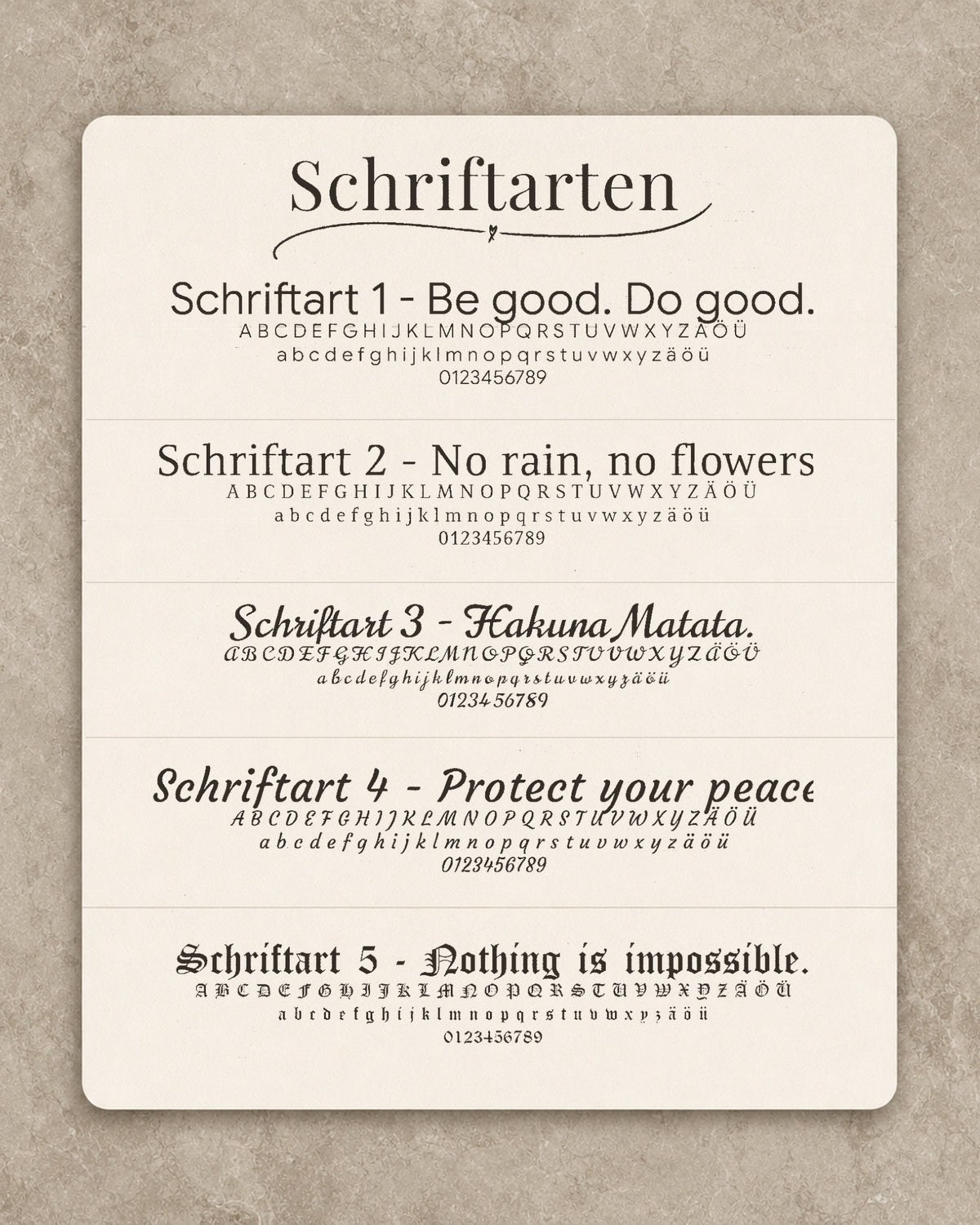 Fünf CARDORI-Schriftarten mit Buchstaben und Textbeispielen zur Gravurauswahl. all-groups