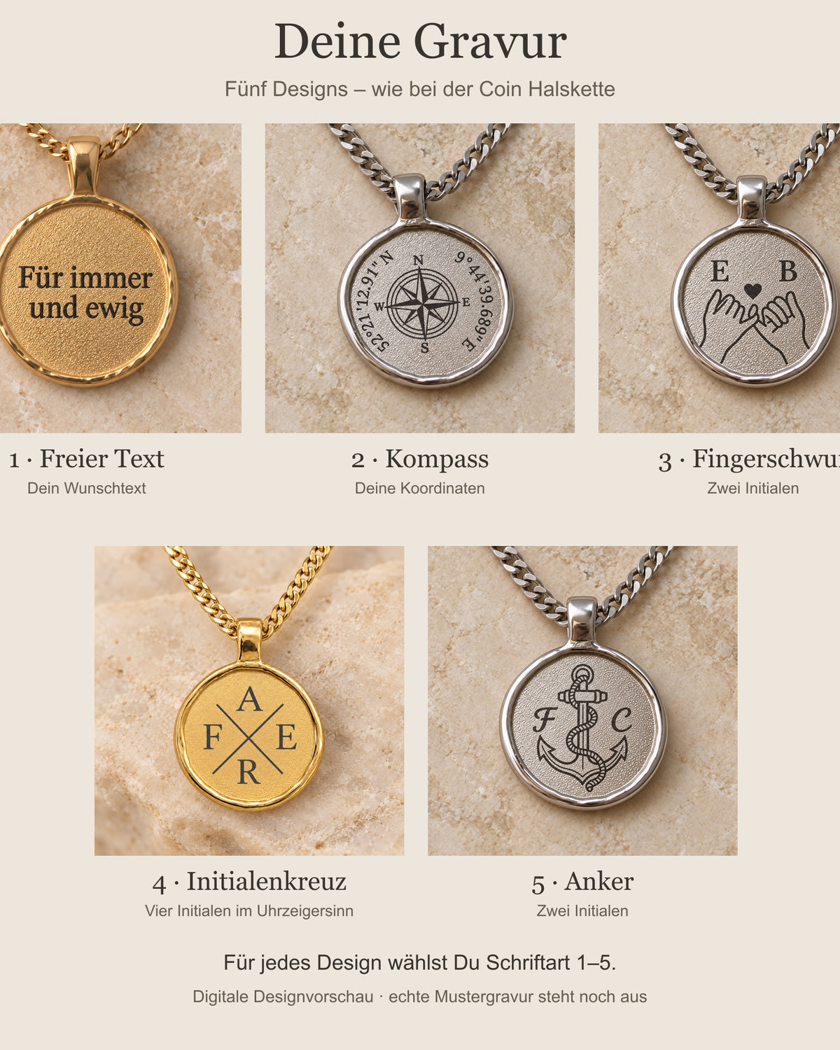 Fünf digitale Gravurdesigns: Freier Text, Kompass, Fingerschwur, Initialenkreuz und Anker. all-groups