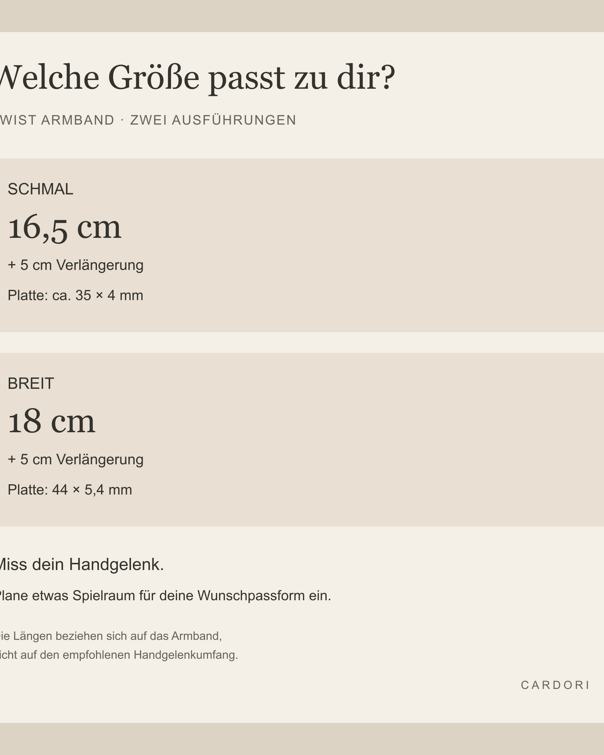 Twist Armband: 16,5 oder 18 cm, jeweils plus 5 cm Verlängerung, mit Plattenmaßen all-groups