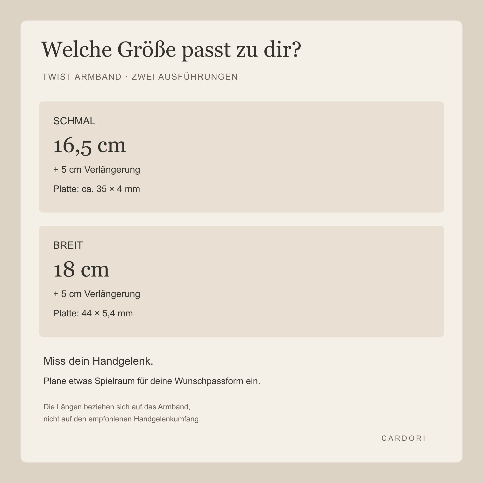 Twist Armband: 16,5 oder 18 cm, jeweils plus 5 cm Verlängerung, mit Plattenmaßen all-groups