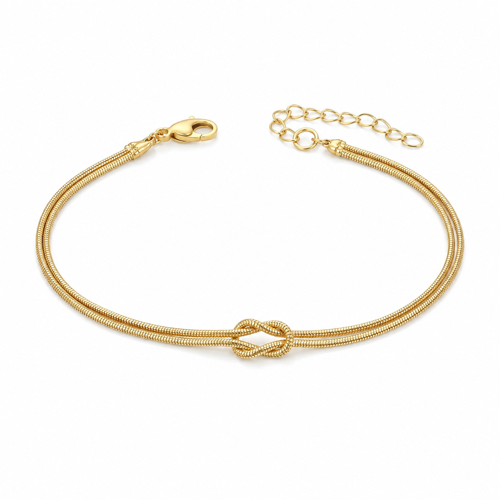 Goldfarbenes Knot Knotenarmband aus Edelstahl auf weißem Hintergrund
