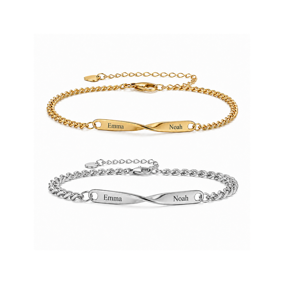 Twist Armband-Set mit Gold oben und Silber unten auf weißem Hintergrund