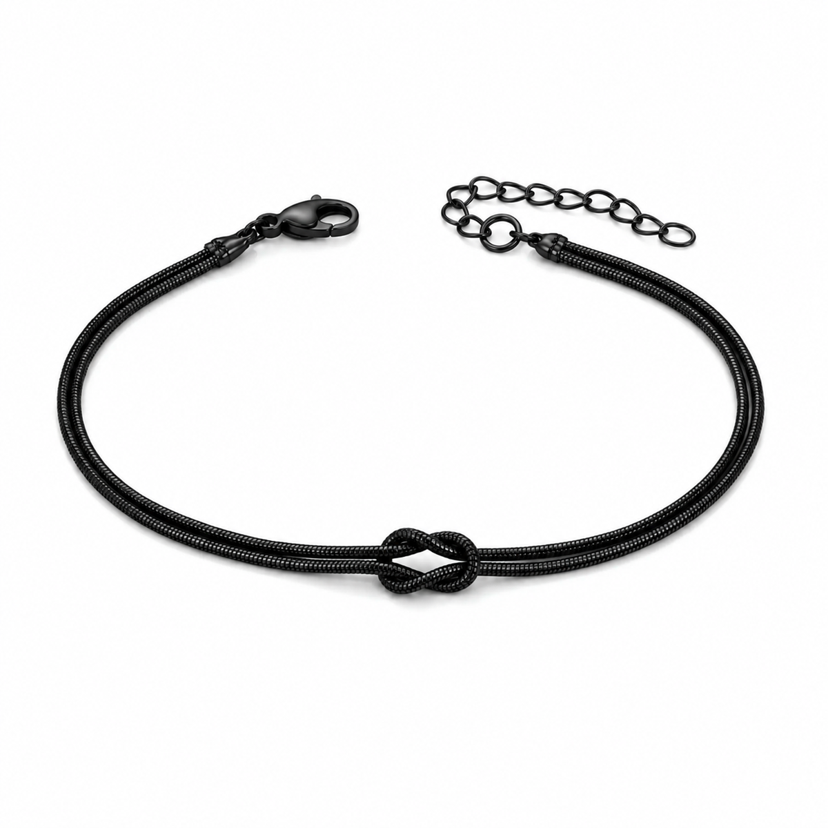 Schwarzes Knot Knotenarmband aus Edelstahl auf weißem Hintergrund