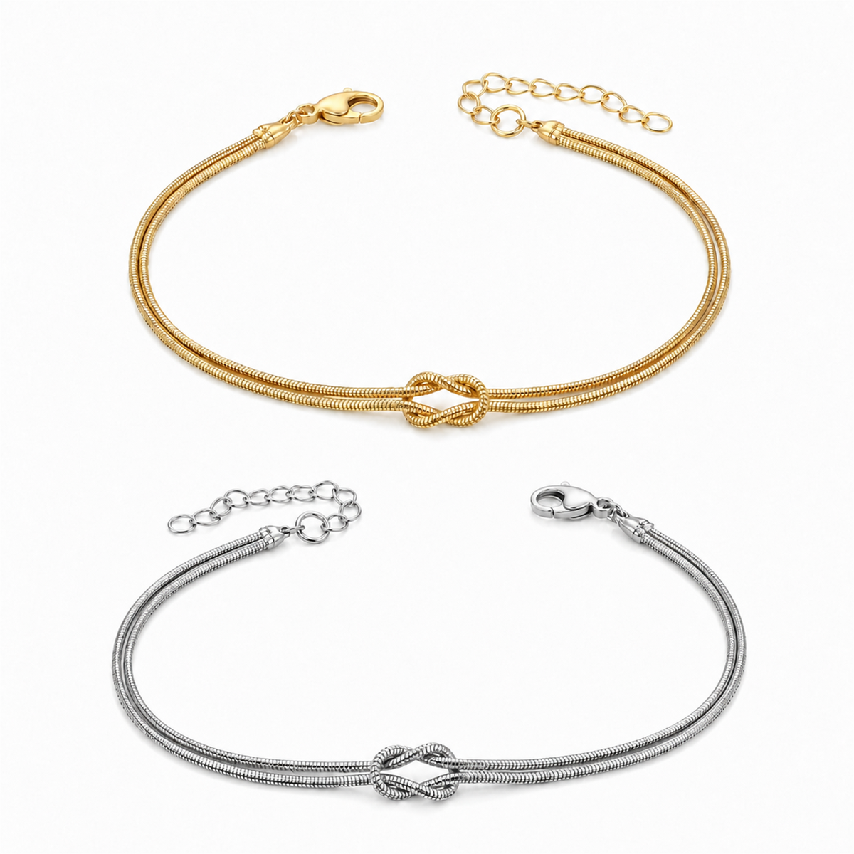 Knot Armband-Set Gold und Silber auf weißem Hintergrund