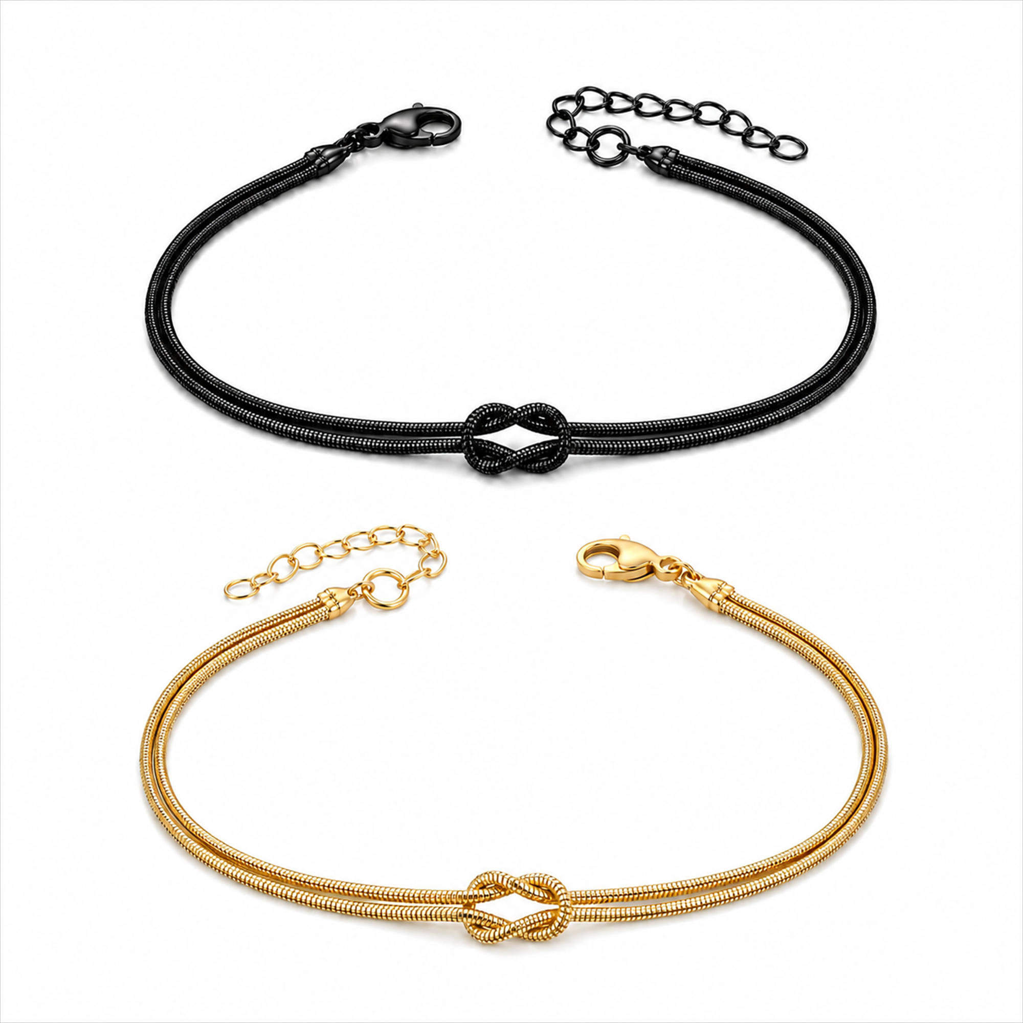 Knot Armband-Set Schwarz oben und Gold unten auf weißem Hintergrund