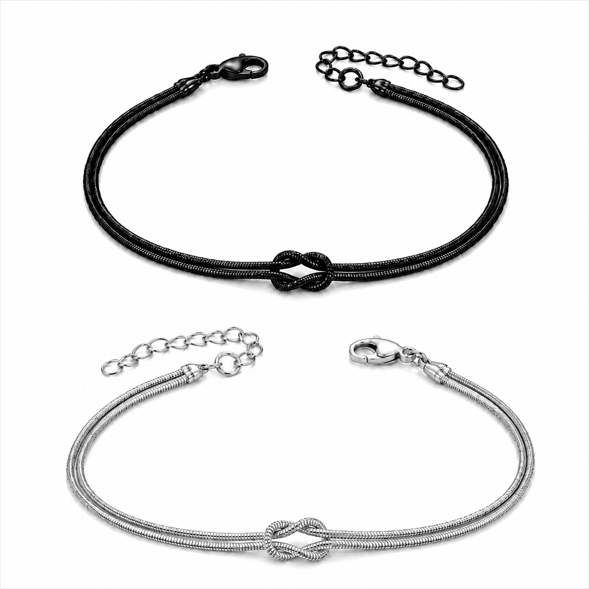 Knot Armband-Set Schwarz oben und Silber unten auf weißem Hintergrund