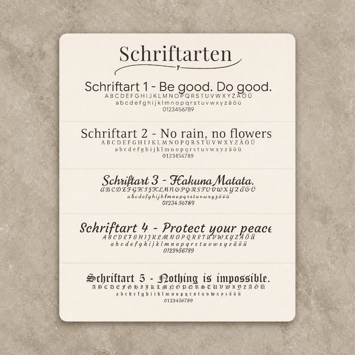 Fünf nummerierte CARDORI Schriftarten mit Schriftbeispielen all-groups