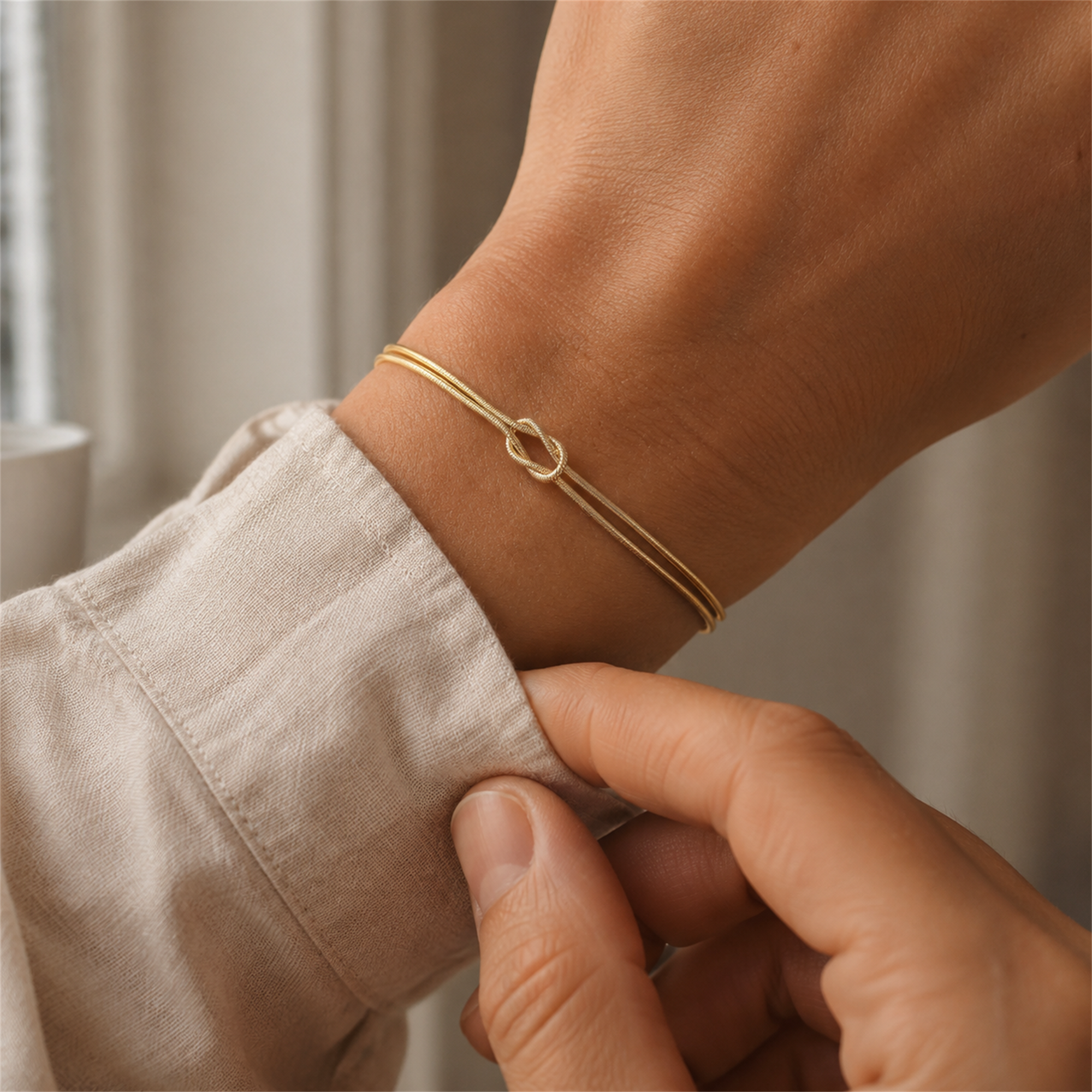 Knot Armband goldfarben am Handgelenk getragen all-groups