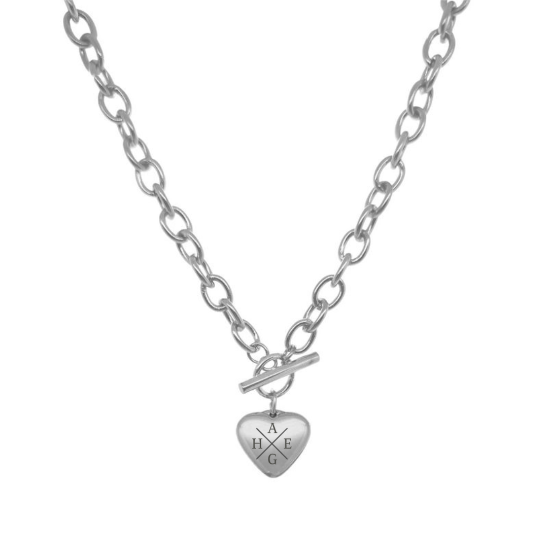 Silberfarbene Big Chain Herz-Halskette mit ovalen Gliedern, Knebelverschluss und Initialenkreuz
