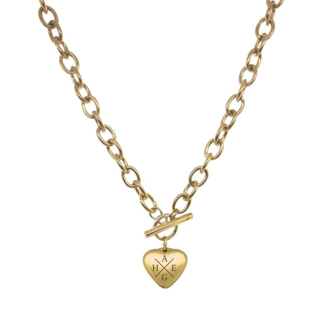 Goldfarbene Big Chain Herz-Halskette mit ovalen Gliedern, Knebelverschluss und Initialenkreuz