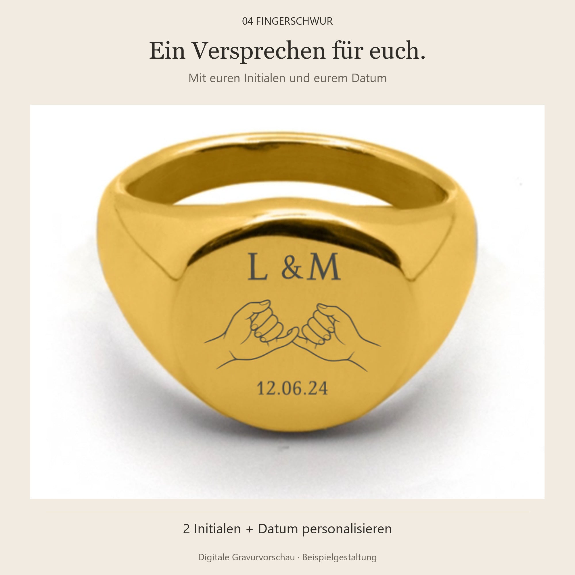 Coin Ring Gold, digitales Gravurbeispiel 04 Fingerschwur mit L und M und Datum 12.06.24