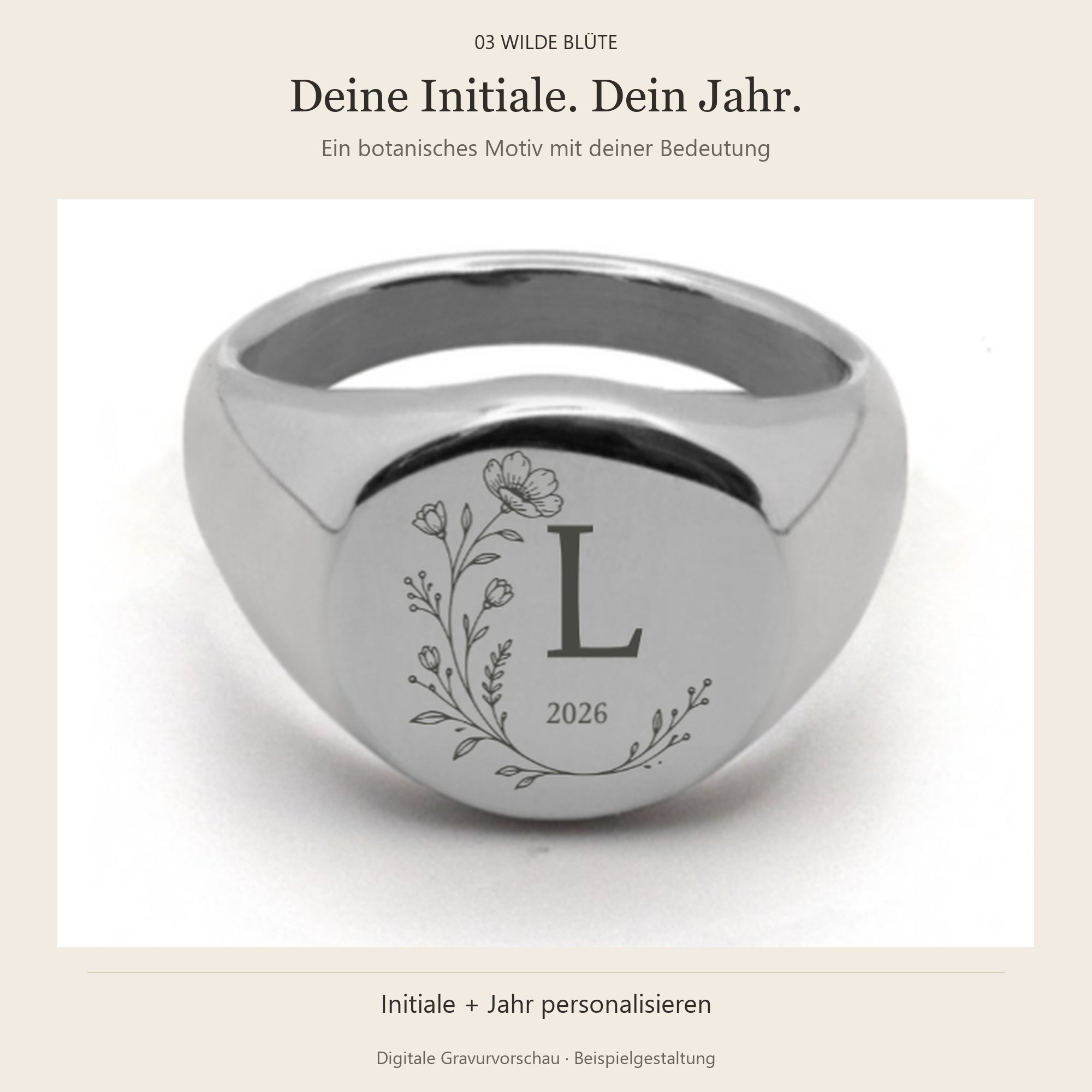 Coin Ring Silber, digitales Gravurbeispiel 03 Wilde Blüte mit Initiale L und Jahr 2026