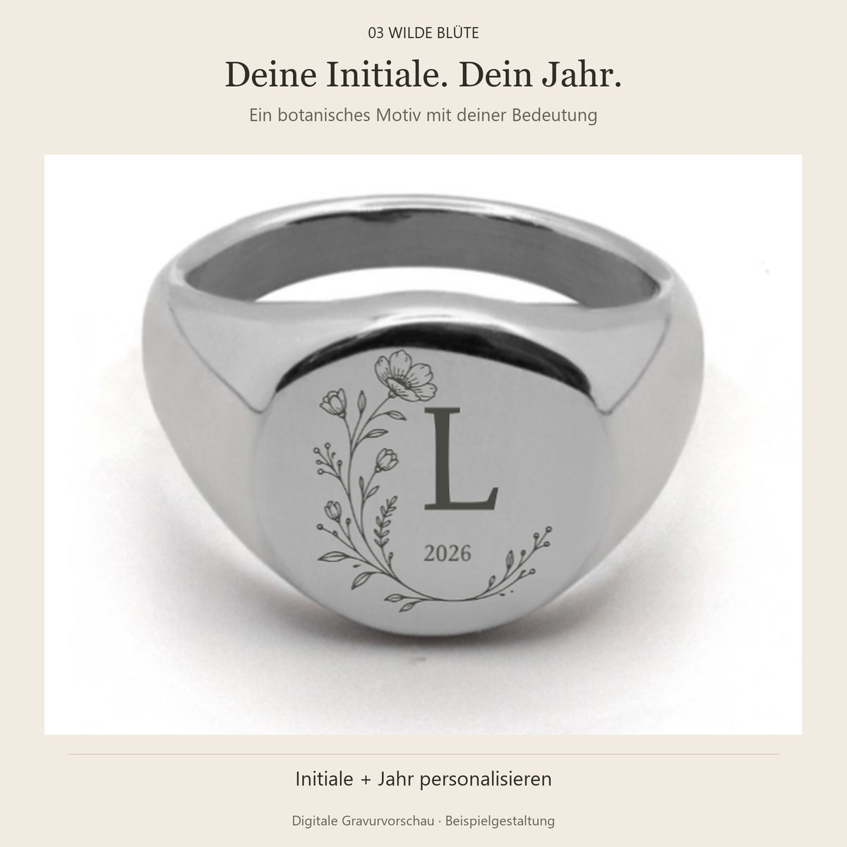 Coin Ring Silber, digitales Gravurbeispiel 03 Wilde Blüte mit Initiale L und Jahr 2026