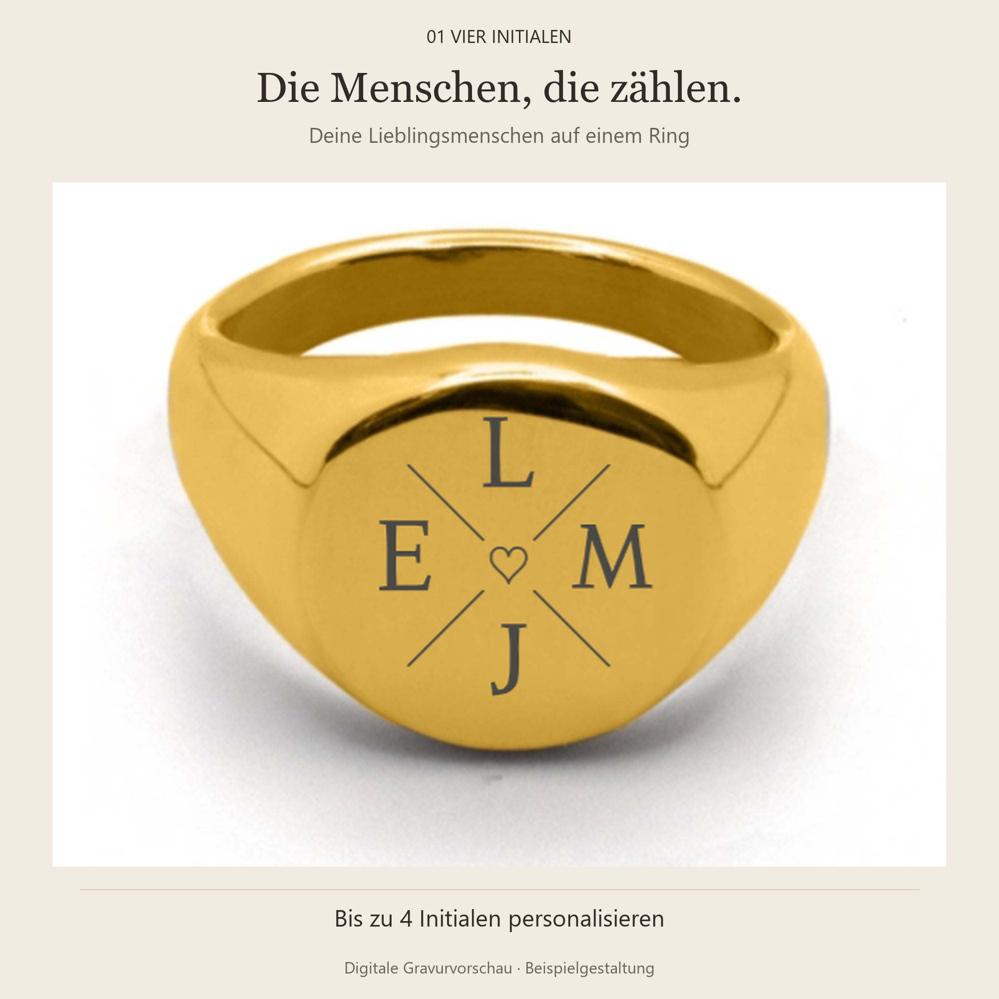 Coin Ring Gold, digitales Gravurbeispiel 01 Vier Initialen L M J E mit Herz