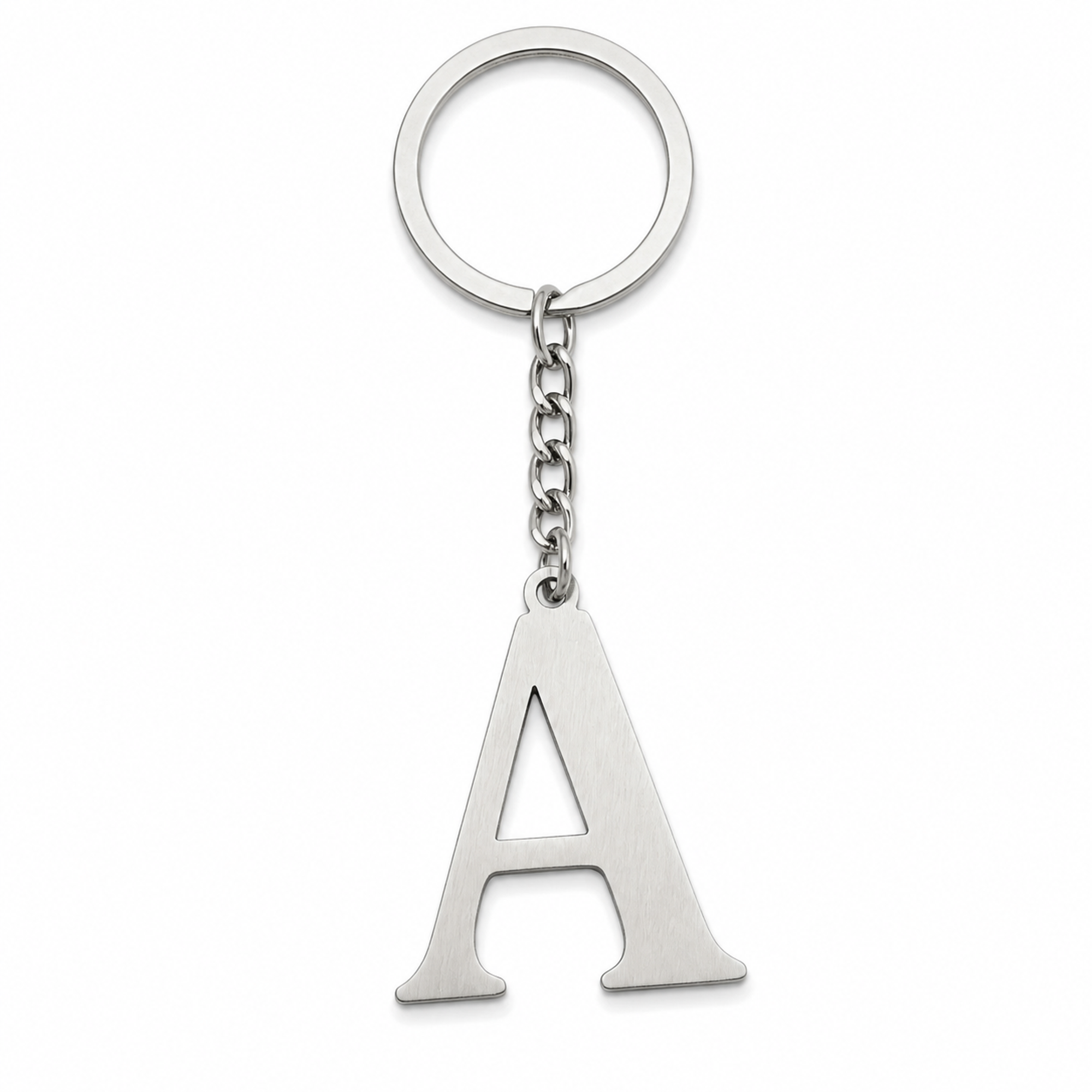 Silberfarbener Initial-A-Schlüsselanhänger aus Edelstahl, frontal auf weißem Studiohintergrund.