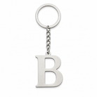 Silberfarbener Initial-B-Schlüsselanhänger aus Edelstahl, frontal auf weißem Studiohintergrund.