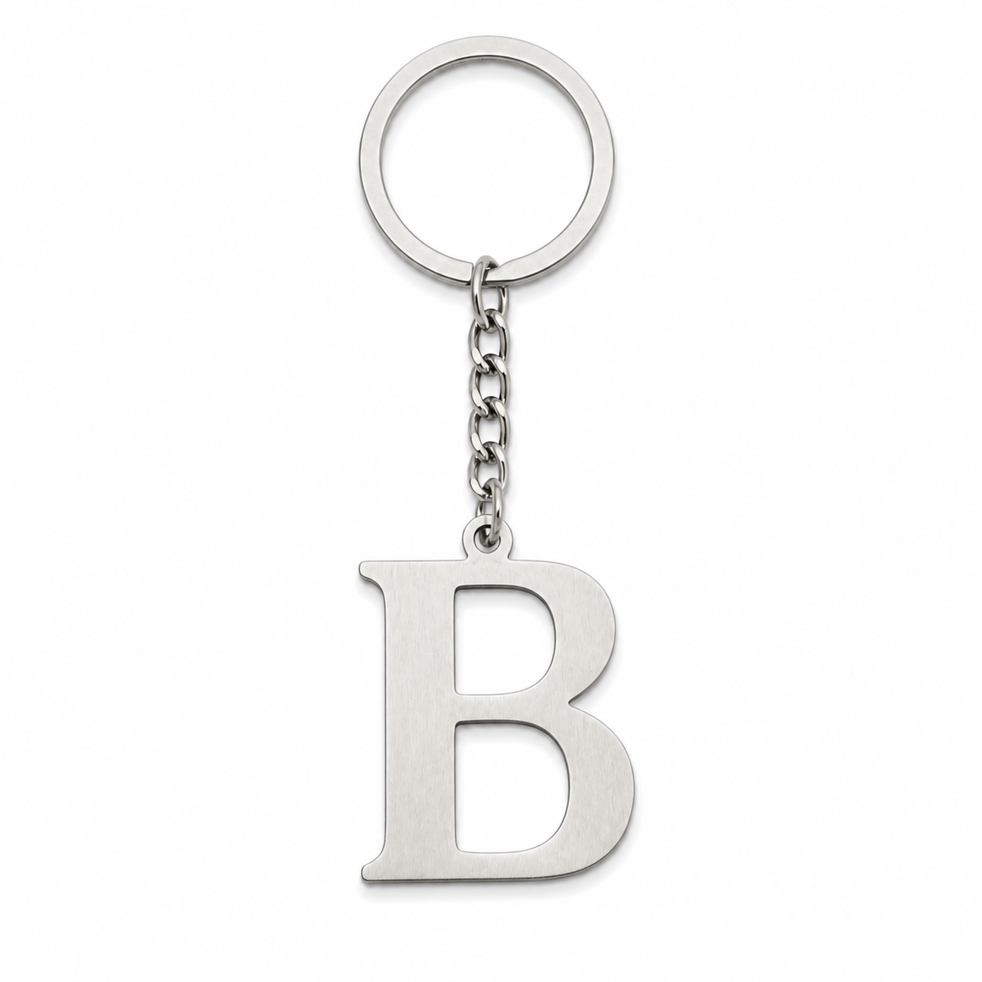 Silberfarbener Initial-B-Schlüsselanhänger aus Edelstahl, frontal auf weißem Studiohintergrund.