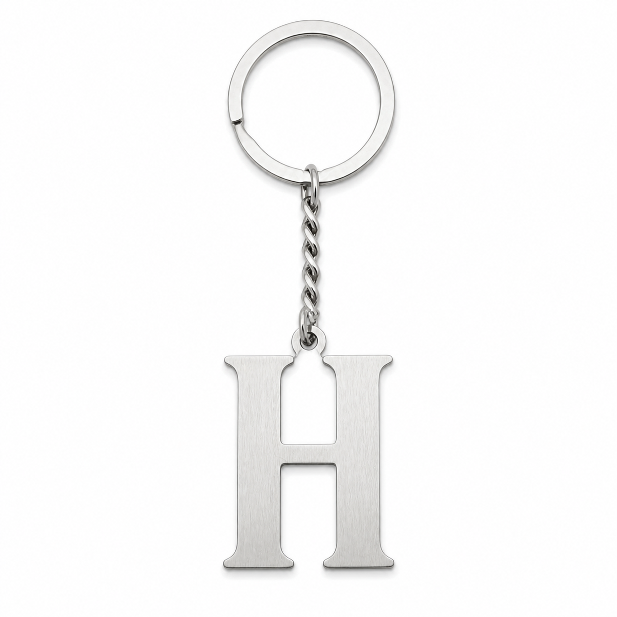 Silberfarbener Initial-H-Schlüsselanhänger aus Edelstahl, frontal auf weißem Studiohintergrund.