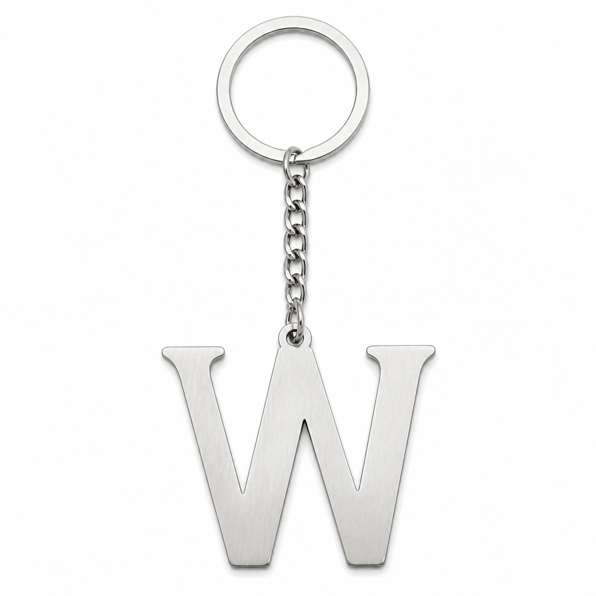 Silberfarbener Initial-W-Schlüsselanhänger aus Edelstahl, frontal auf weißem Studiohintergrund.