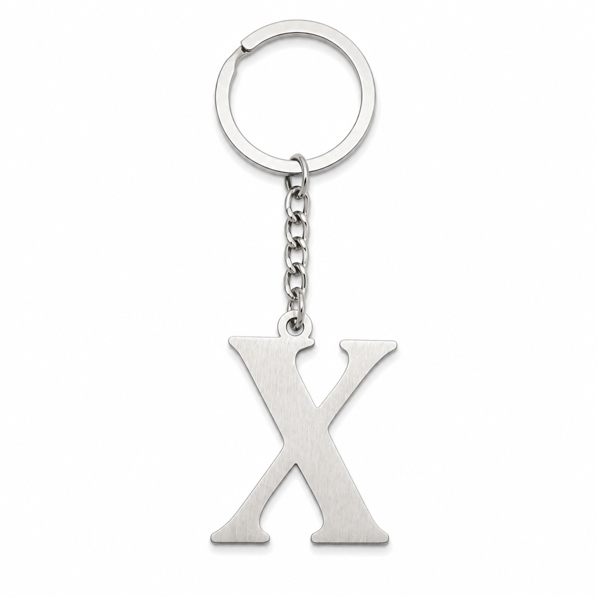 Silberfarbener Initial-X-Schlüsselanhänger aus Edelstahl, frontal auf weißem Studiohintergrund.