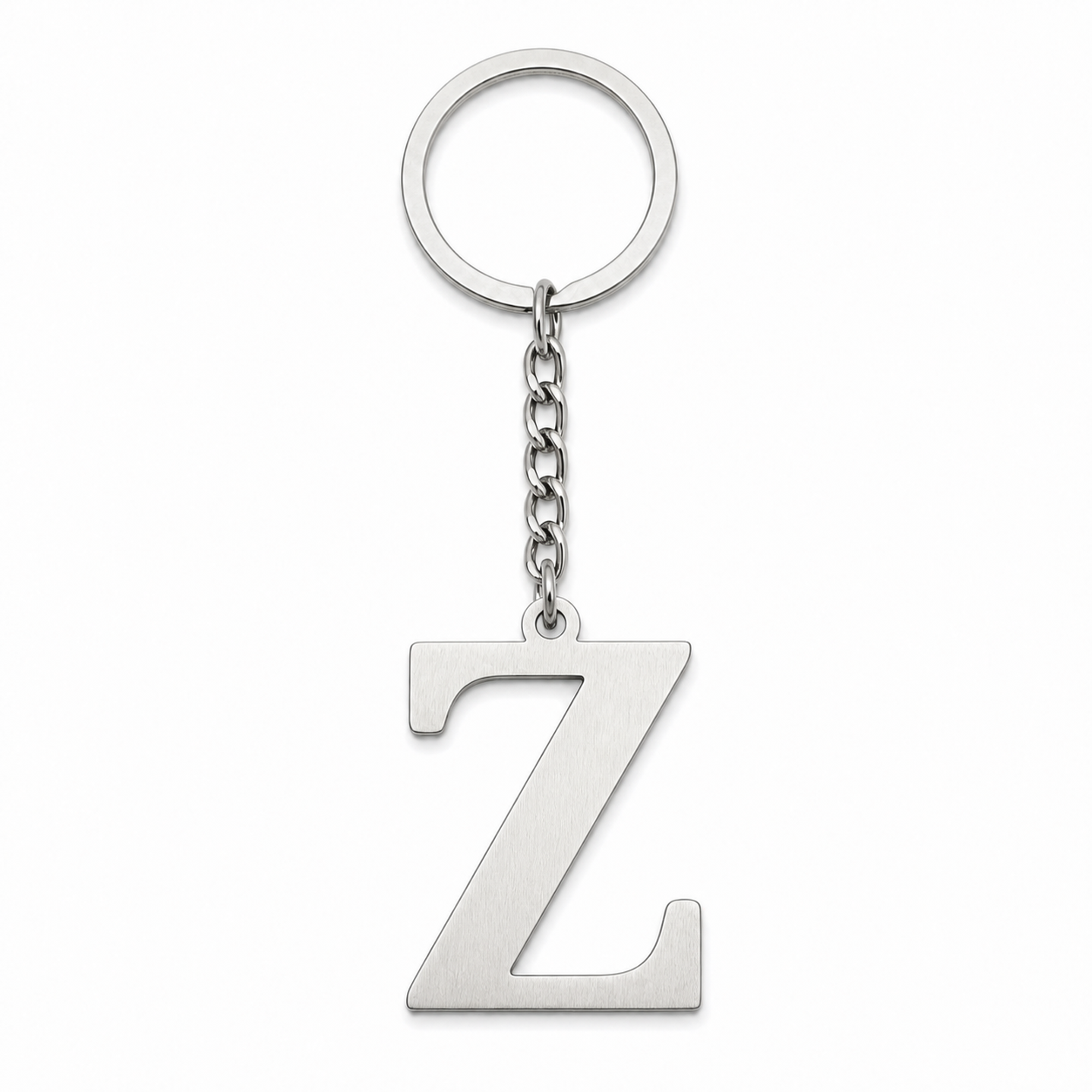 Silberfarbener Initial-Z-Schlüsselanhänger aus Edelstahl, frontal auf weißem Studiohintergrund.