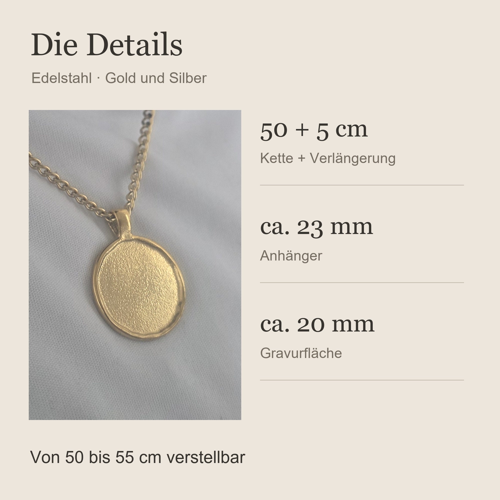 Maßübersicht der Relic Coin Halskette: 23 mm Anhänger und 50 plus 5 cm Kette aus Edelstahl. all-groups