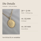 Maßübersicht der Relic Coin Halskette: 23 mm Anhänger und 50 plus 5 cm Kette aus Edelstahl. all-groups