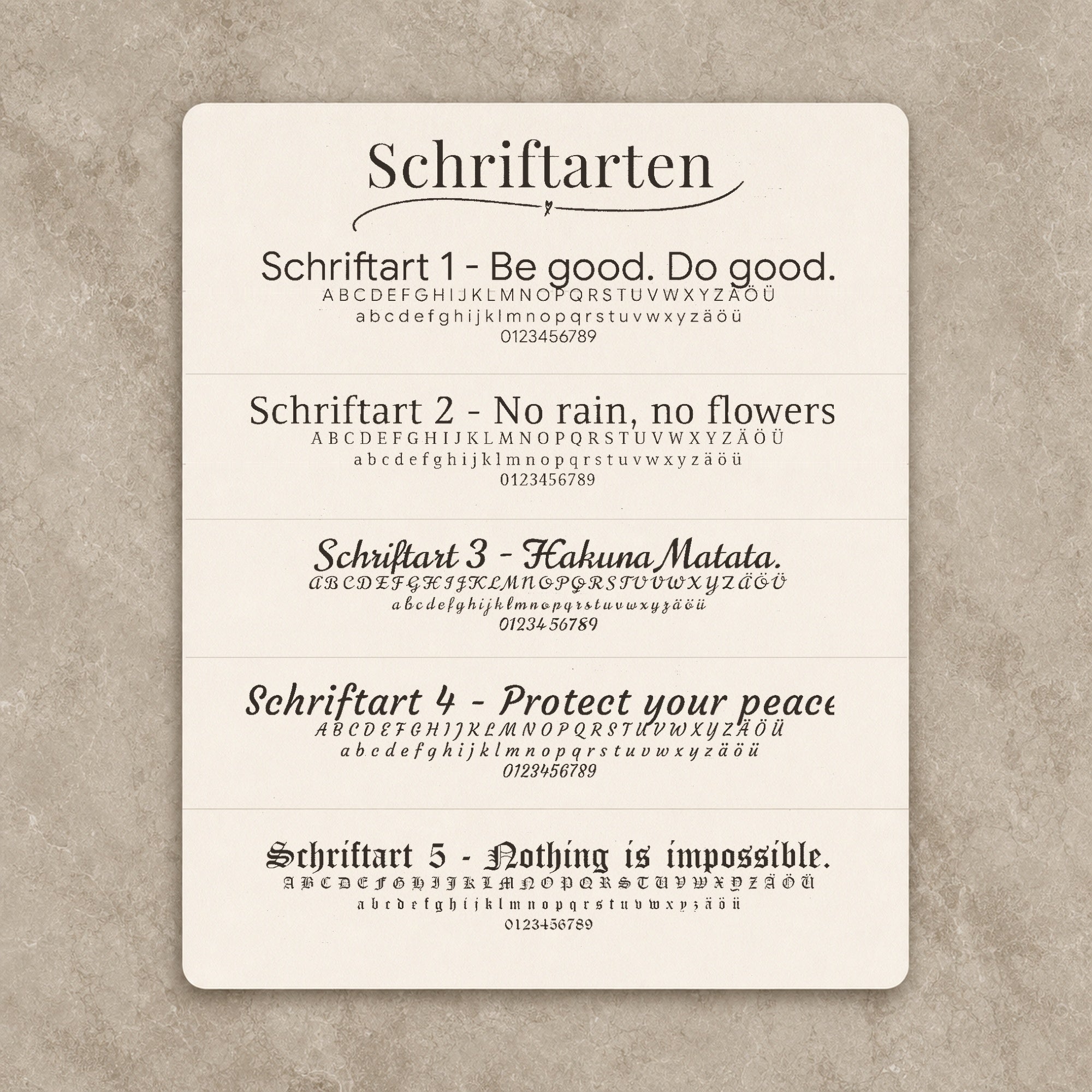 Fünf CARDORI-Schriftarten mit Buchstaben und Textbeispielen zur Gravurauswahl. all-groups