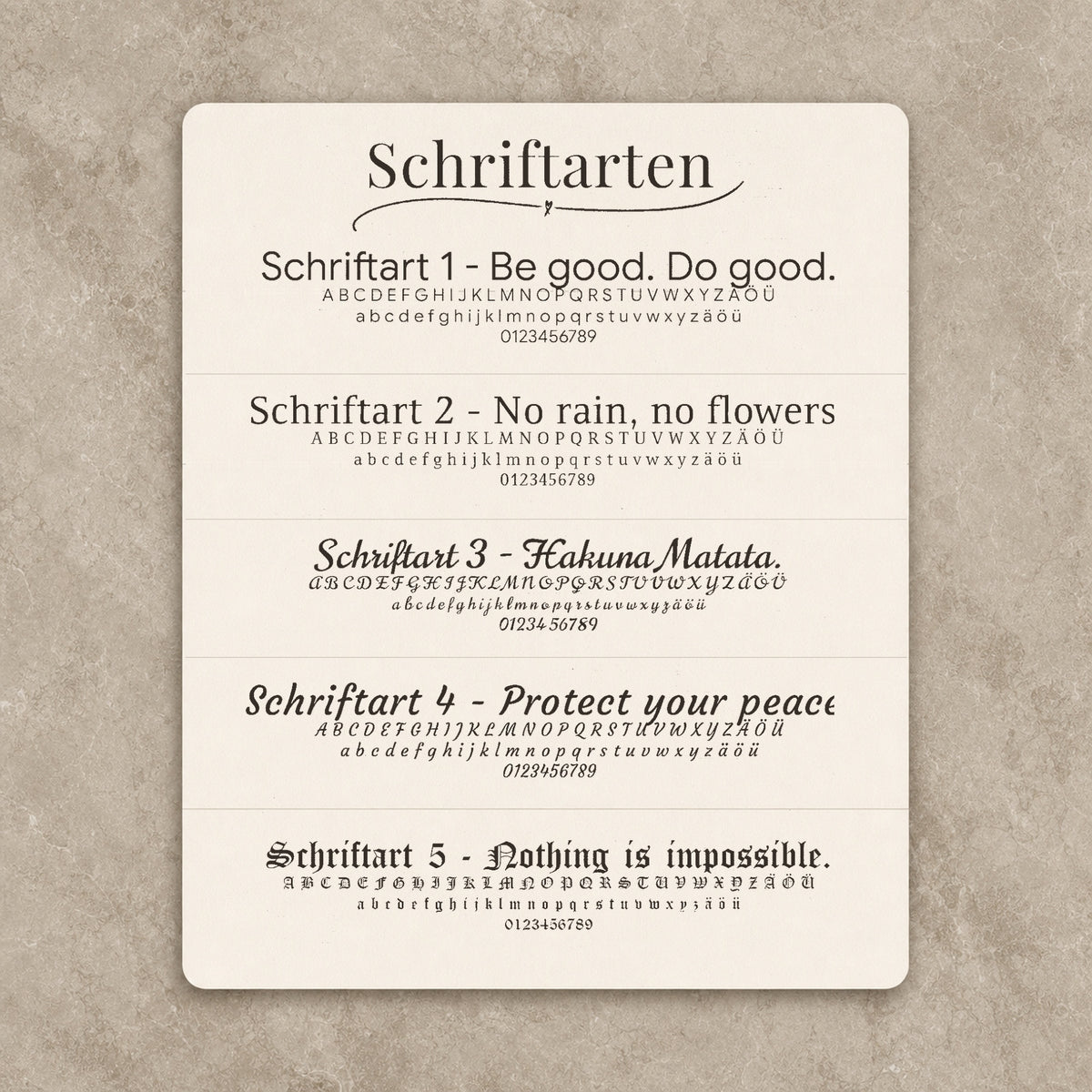 Fünf CARDORI-Schriftarten mit Buchstaben und Textbeispielen zur Gravurauswahl. all-groups