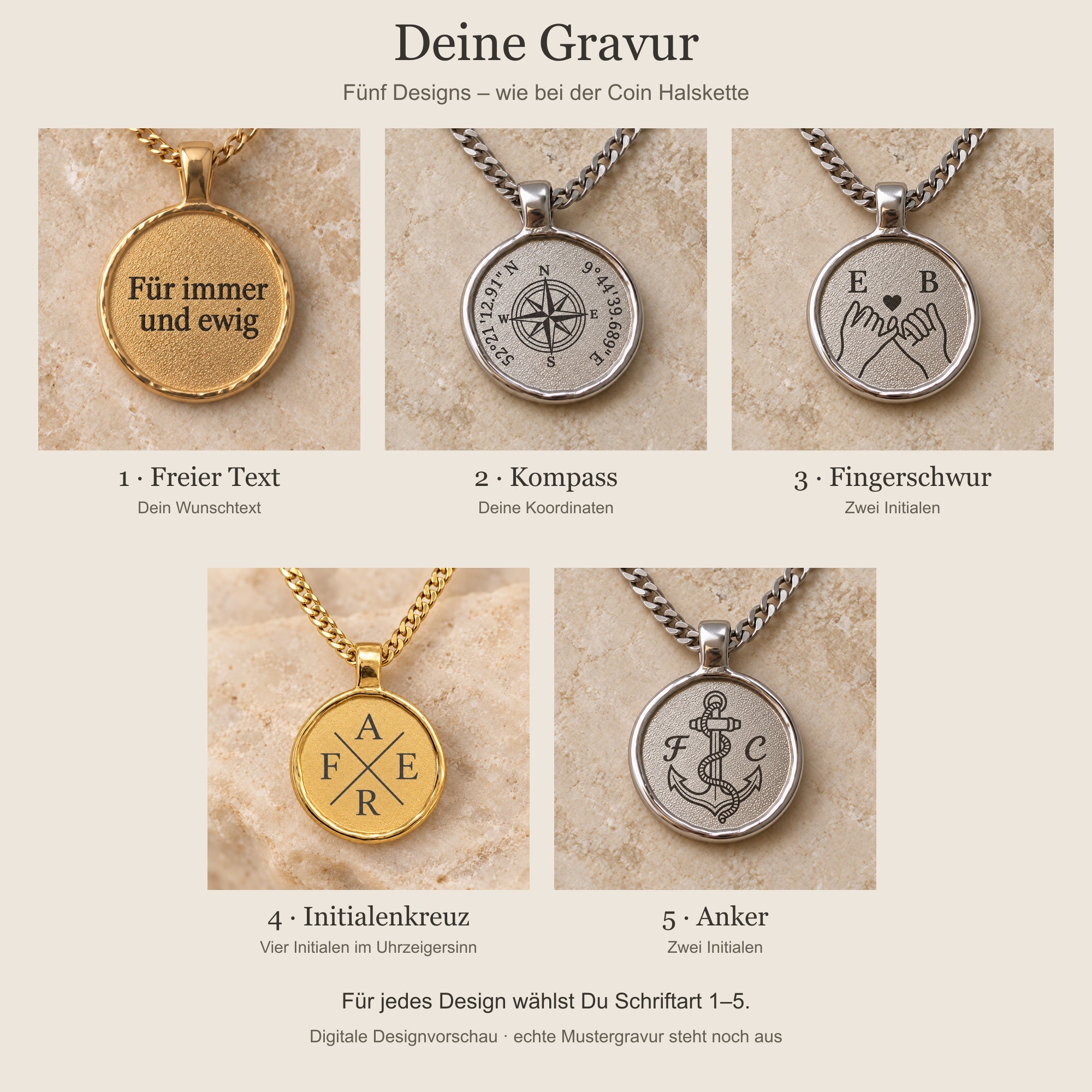 Fünf digitale Gravurdesigns: Freier Text, Kompass, Fingerschwur, Initialenkreuz und Anker. all-groups