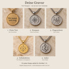 Fünf digitale Gravurdesigns: Freier Text, Kompass, Fingerschwur, Initialenkreuz und Anker. all-groups