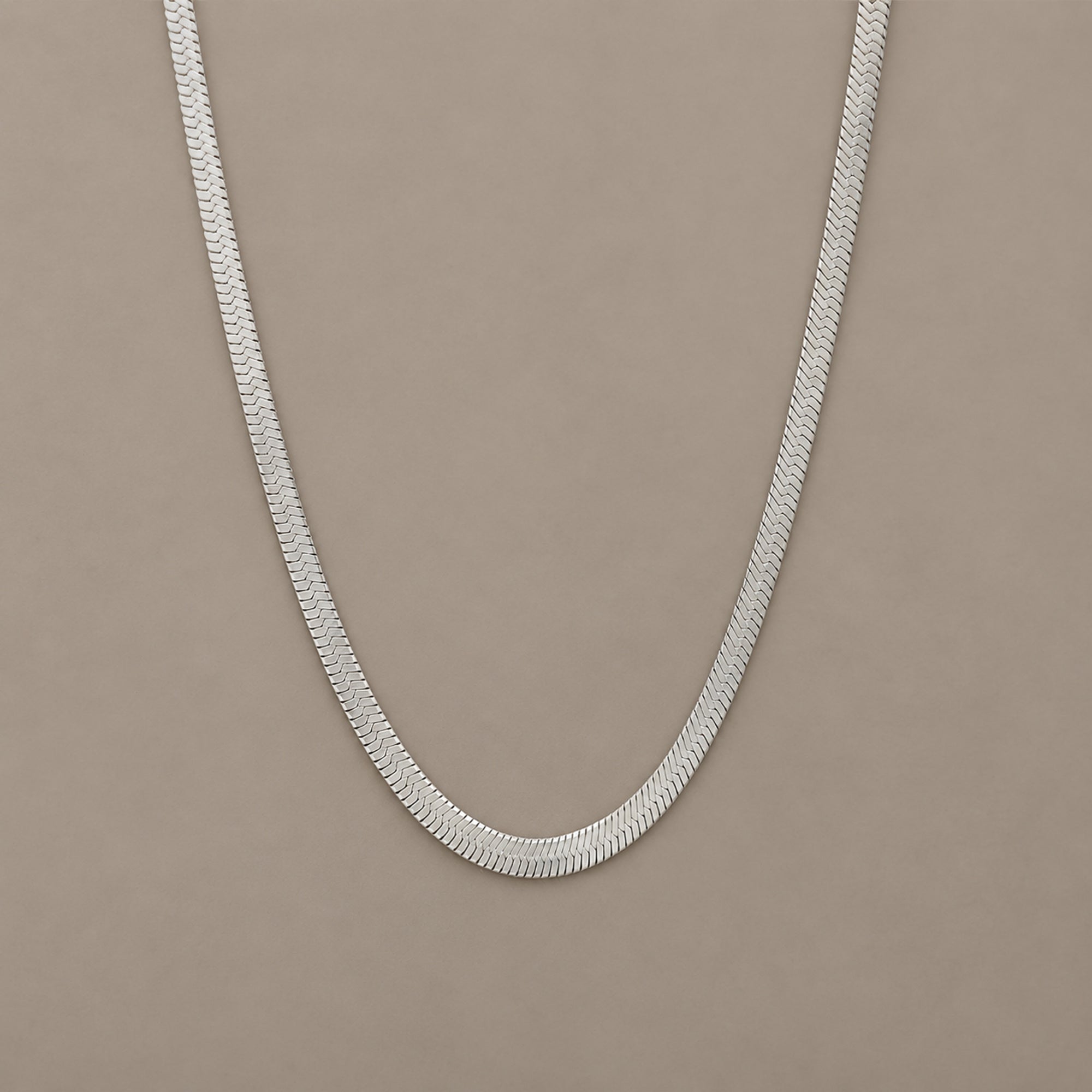 Sleek Chain in Silber auf warmem mineralischem Untergrund