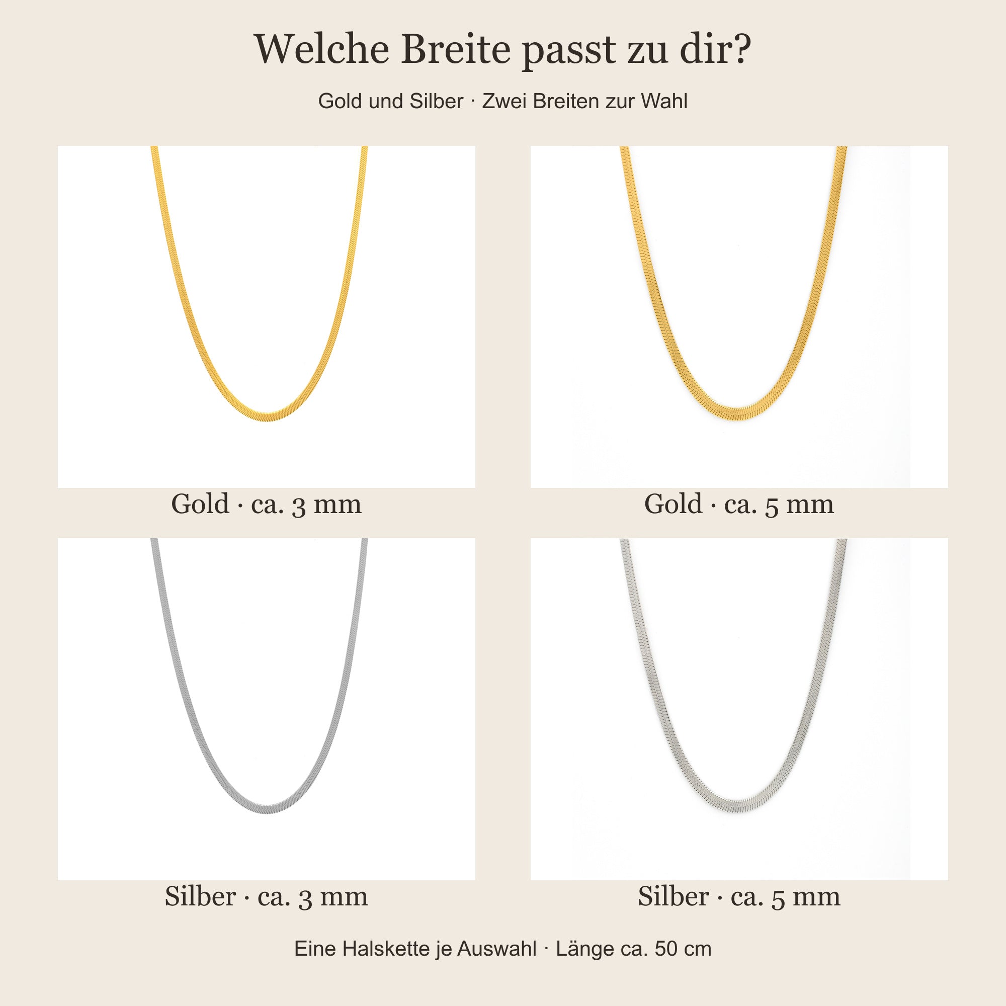 Sleek Chain Variantenvergleich: Gold und Silber, jeweils ca. 3 und 5 mm breit | all-groups