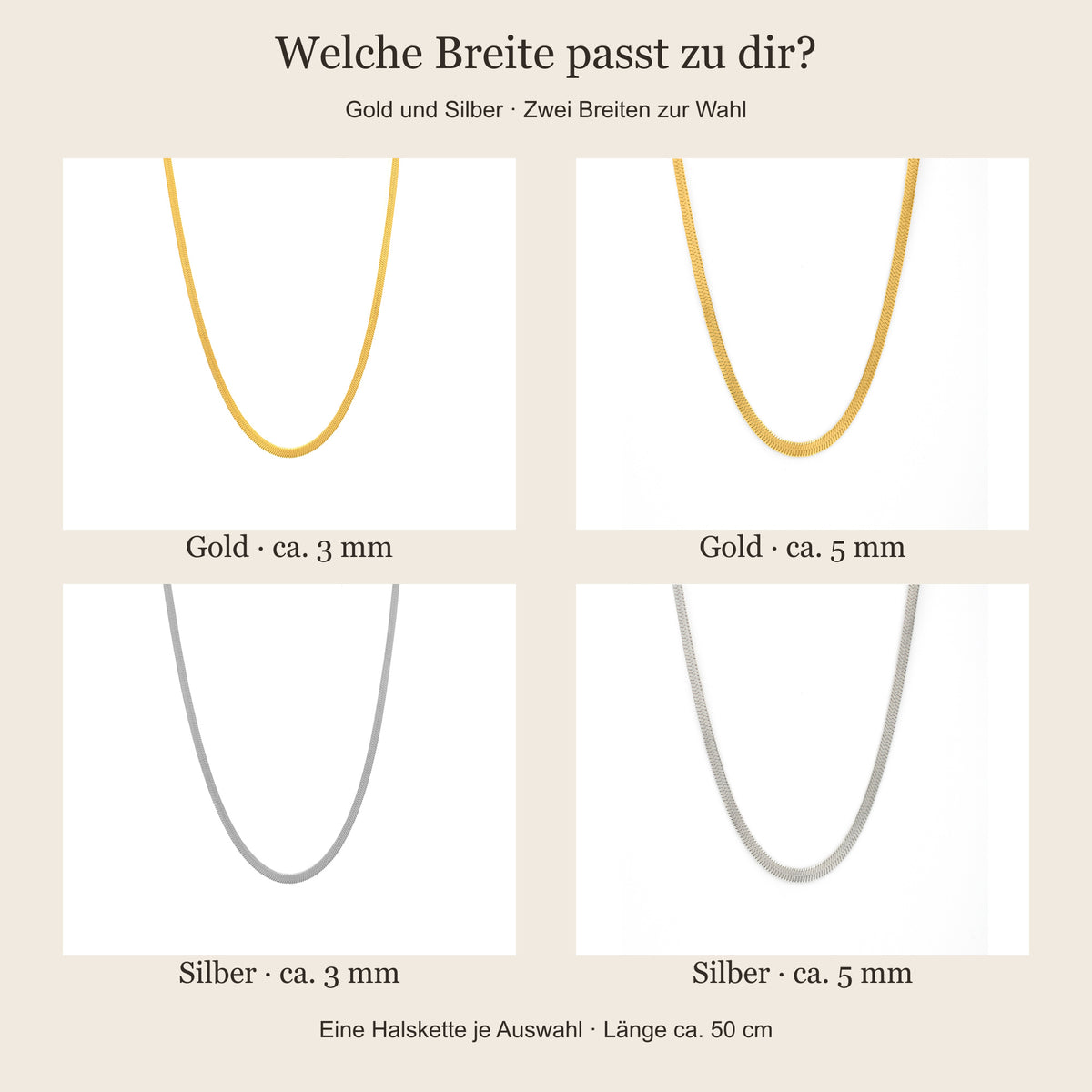 Sleek Chain Variantenvergleich: Gold und Silber, jeweils ca. 3 und 5 mm breit | all-groups
