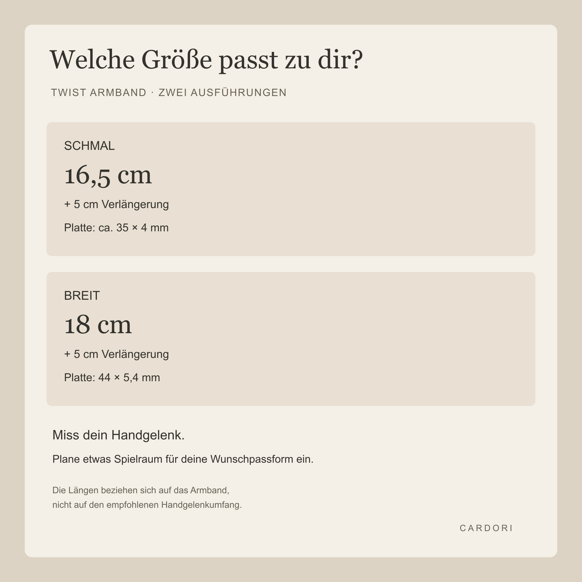 Twist Armband: 16,5 oder 18 cm, jeweils plus 5 cm Verlängerung, mit Plattenmaßen all-groups